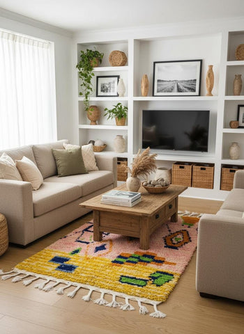 Handwoven Moroccan geometric rug displayed upright