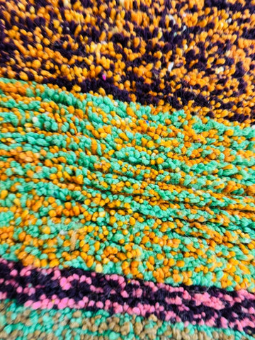 Close-up of colorful Moroccan wool rug texture.
