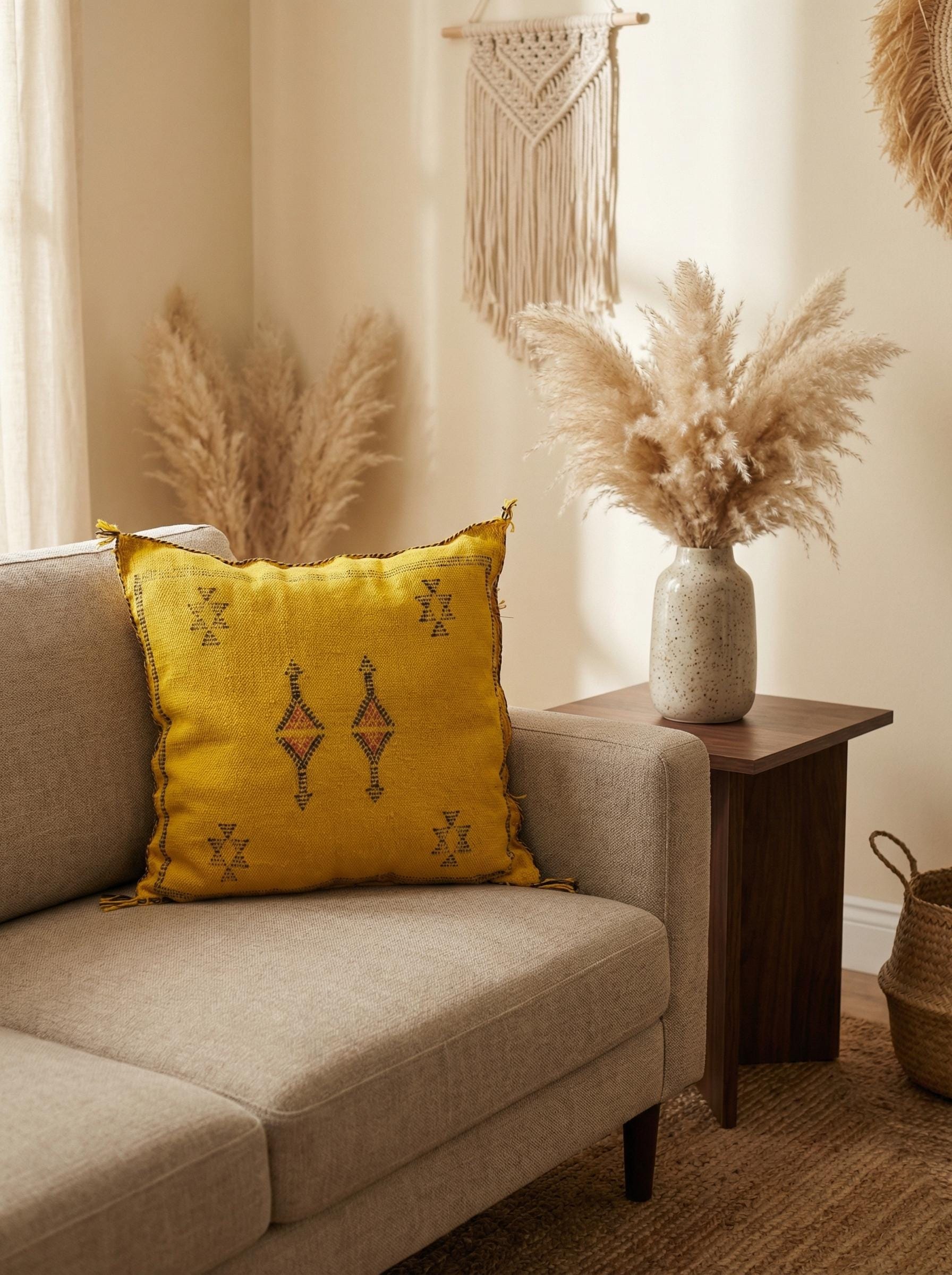 Yellow Moroccan pillow on beige sofa with pampas decor