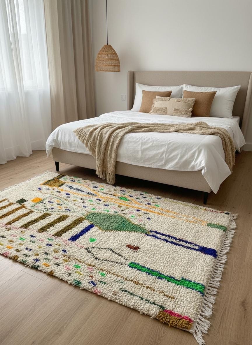 Handmade Moroccan rug styled in modern bedroom