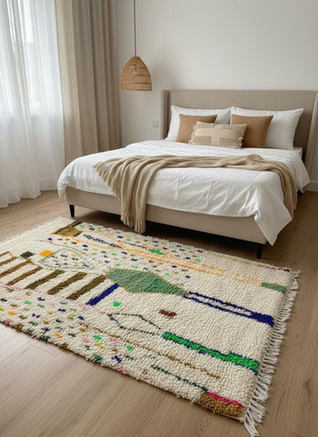 Handmade Moroccan rug styled in modern bedroom