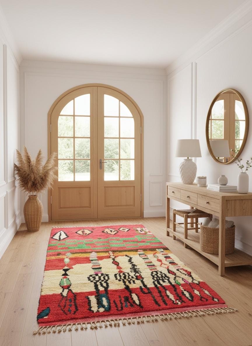 Vibrant handmade rug styled in a bright entryway