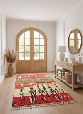 Vibrant handmade rug styled in a bright entryway