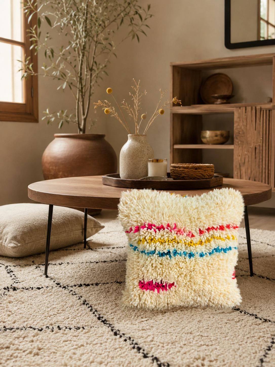 Artisan Moroccan wool pillow with vibrant Berber stripes displayed on a neutral living room rug beneath a wooden coffee table.