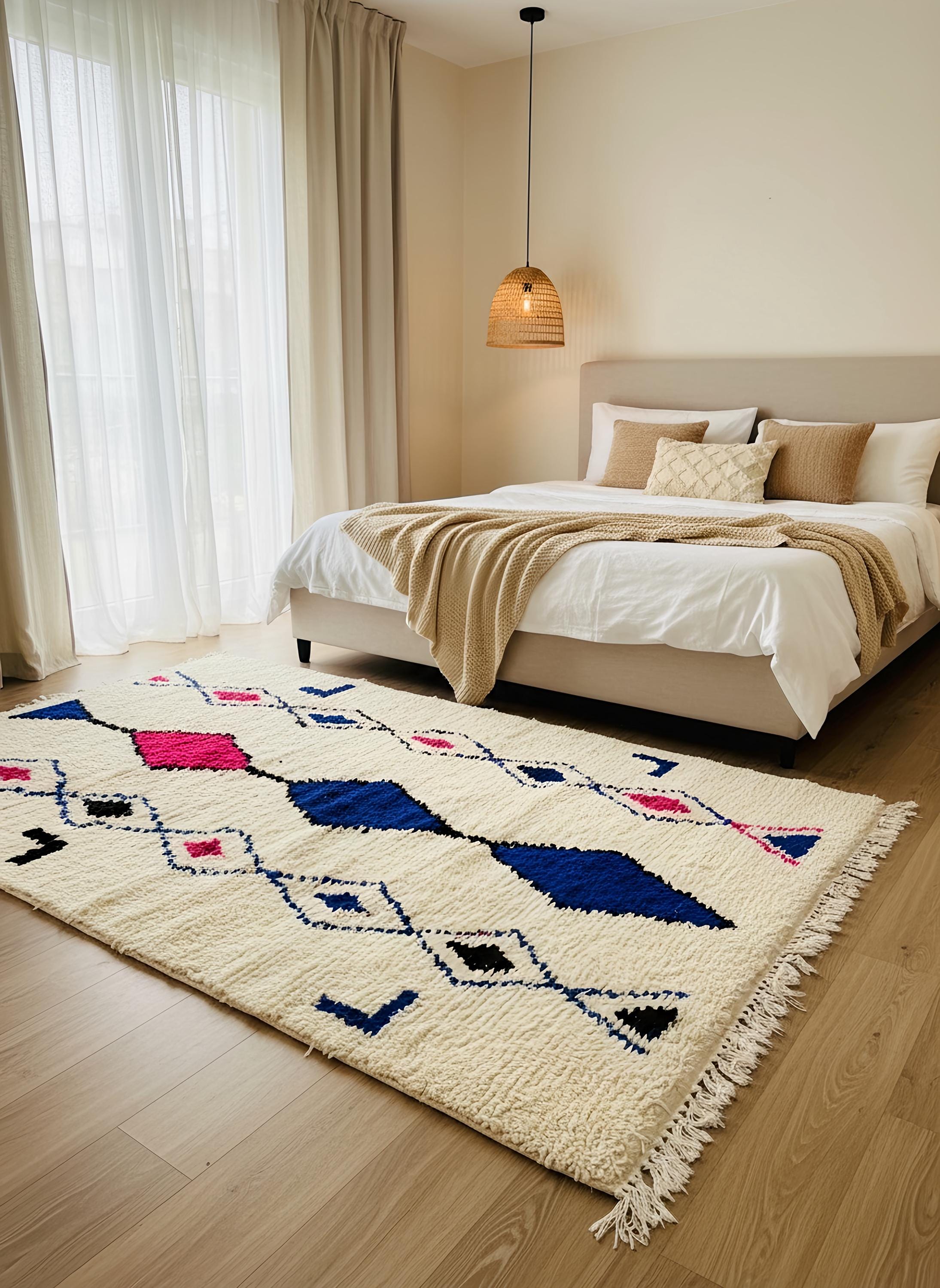 Handwoven Moroccan rug with bold blue diamond pattern styled under a neutral bed in a warm minimalist bedroom.