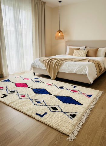 Handwoven Moroccan rug with bold blue diamond pattern styled under a neutral bed in a warm minimalist bedroom.