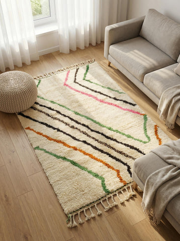 Soft Moroccan area rug with colorful zigzag lines near sofa