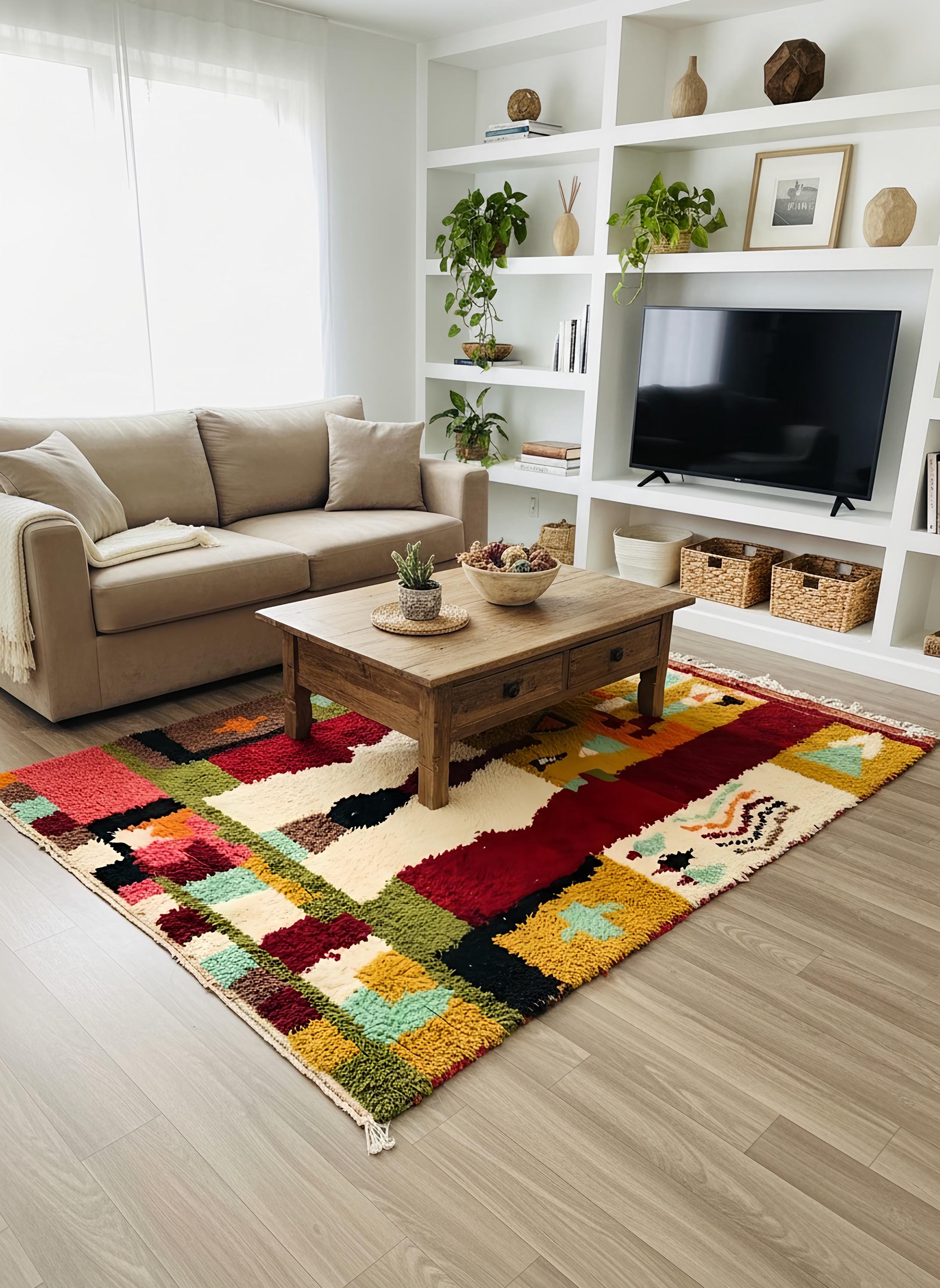 Colorful Moroccan Berber rug with red, mustard, and green abstract pattern styled in a bright living room with wooden coffee table and beige sofa.