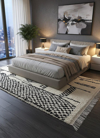 Cream Moroccan rug with black geometric design placed under a modern bed in a cozy bedroom interior