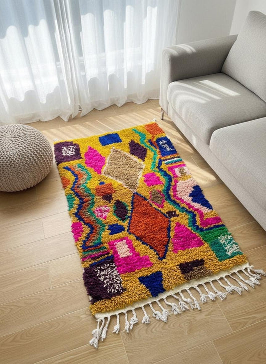 Yellow Moroccan rug with colorful abstract pattern in living room
