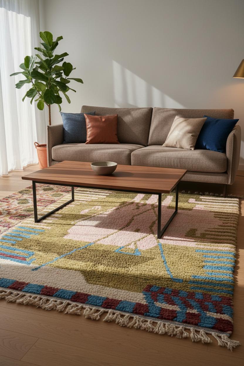 a cozy living room with a beige sofa, a wooden coffee table, and a colorful rug on the floor. A potted plant is placed next to the sofa, and a window allows natural light to enter the space.