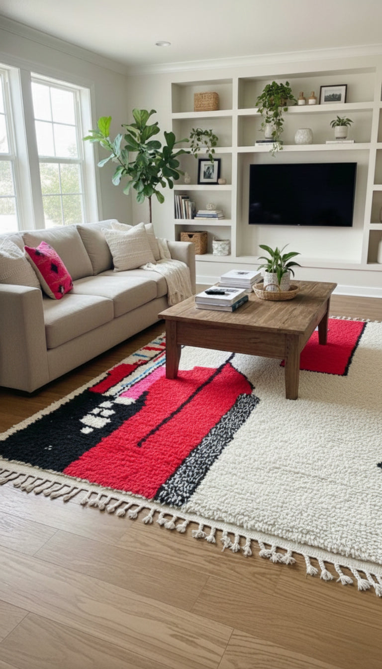 Tisili Berber rug styled under a coffee table in a modern living room interior.