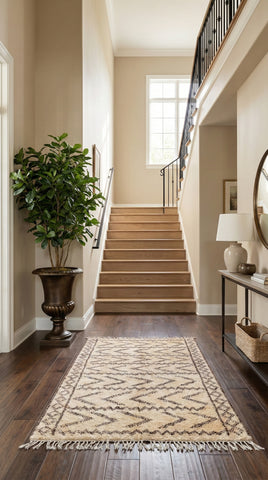 Staircase in a home with a patterned rug, plant, and lamp.