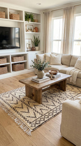 Tawelt rug in a neutral living room.