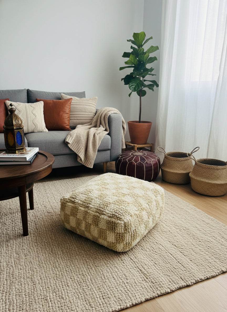 “Berber wool pouffe in neutral living room decor.”