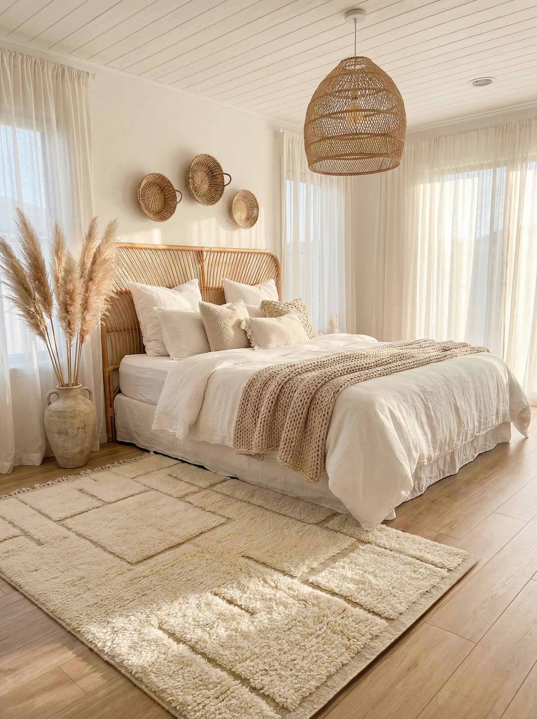 Cream Berber Yuba rug with raised geometric pattern in a bright neutral bedroom.