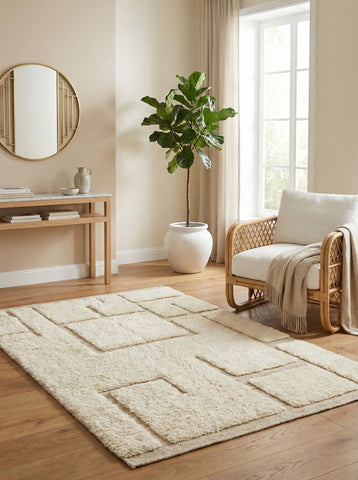 Cream geometric Moroccan rug styled in a cozy living space with warm tones.