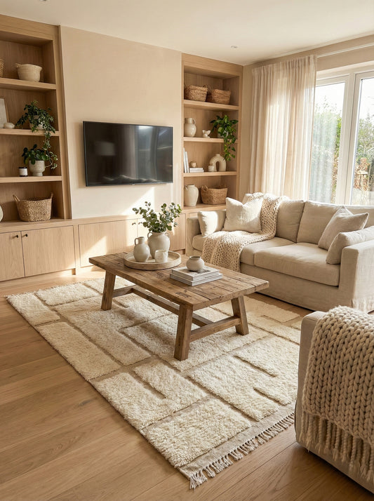 Soft wool Berber Yuba rug under a rustic wooden coffee table in a neutral living room.