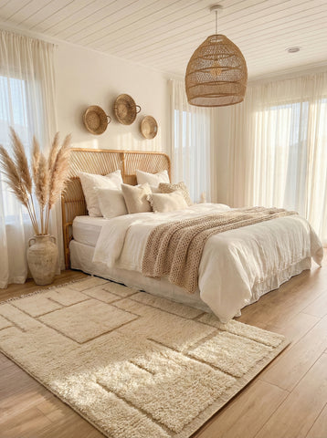 Cream Berber Yuba rug with raised geometric pattern in a bright neutral bedroom.