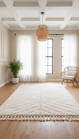 Adel cream chevron rug styled in a bright living room.