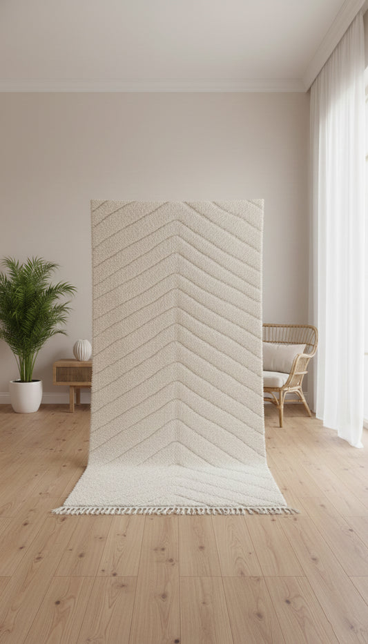 Handwoven Adel rug displayed upright showing its texture.