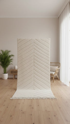 Handwoven Adel rug displayed upright showing its texture.