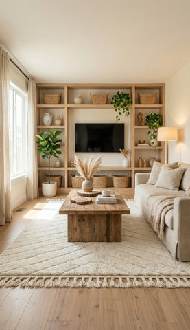 Adel Berber rug in a warm living room with wood furniture.