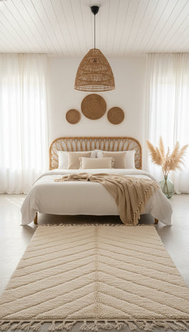 Cream Adel rug with chevron lines in a cozy neutral bedroom.