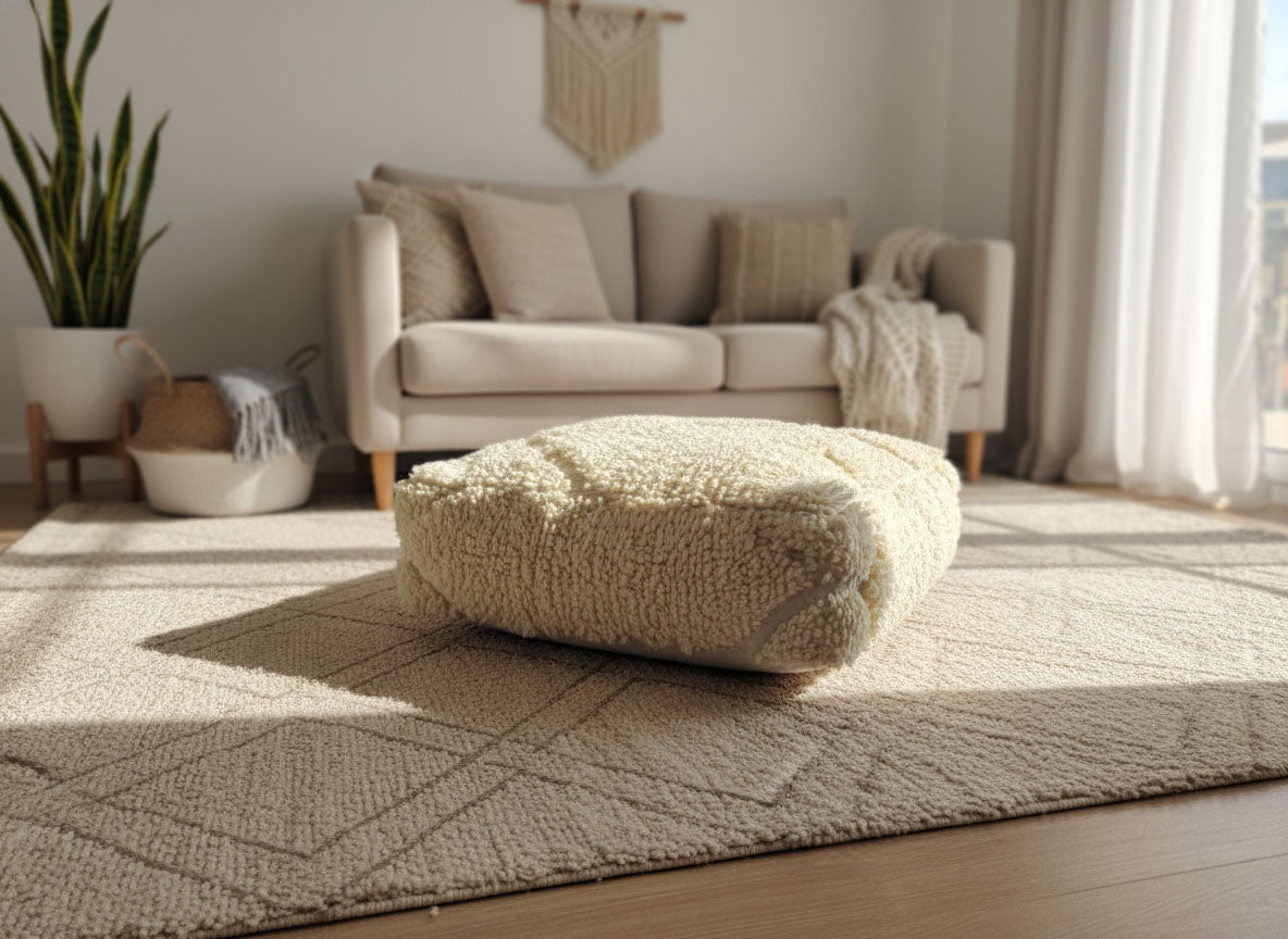 Beige Berber pouf styled in a bright living room with natural neutral décor.