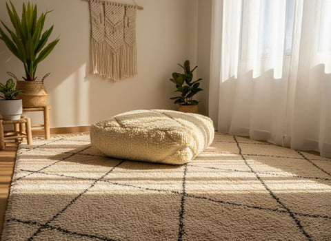 beige pouf in a cozy living room