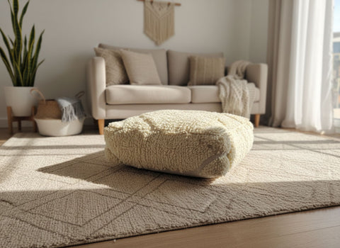 Beige Berber pouf styled in a bright living room with natural neutral décor.