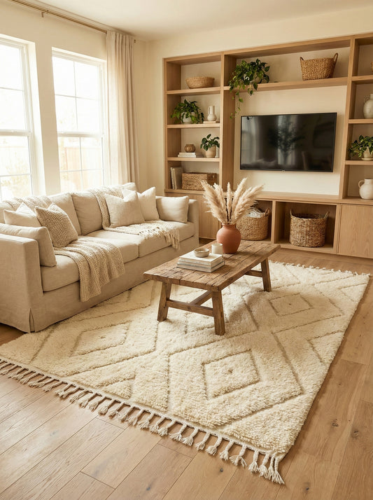 Tuda rug in cream wool with diamond pattern styled in a neutral living room