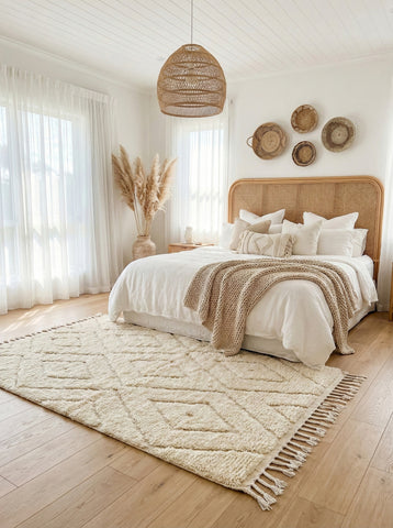 Handwoven Tuda Berber rug in ivory placed under a cozy bedroom bed