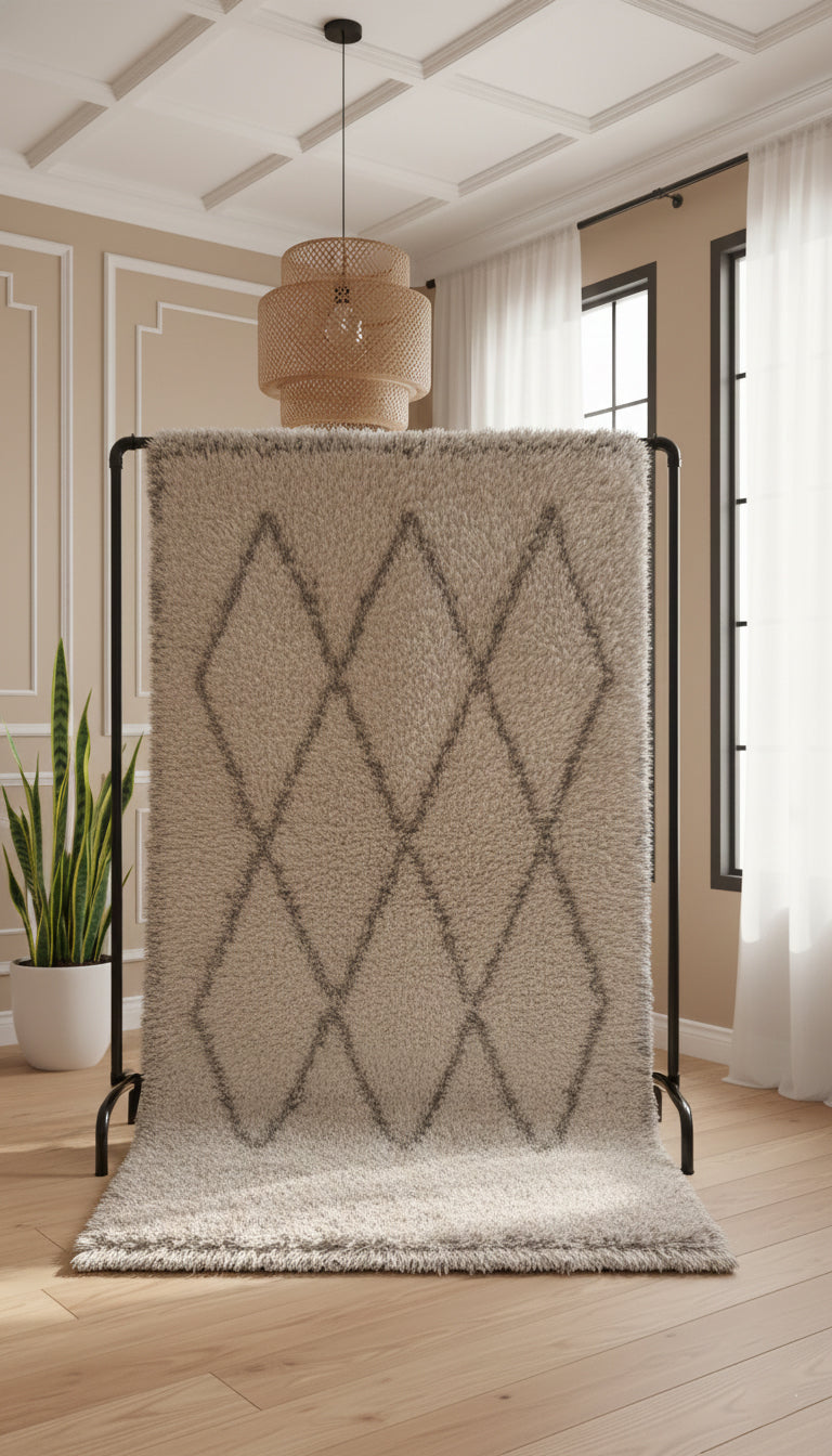 Beige Berber Tifra rug with gray diamond pattern on display stand