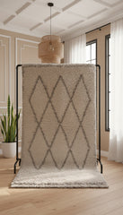 Beige Berber Tifra rug with gray diamond pattern on display stand