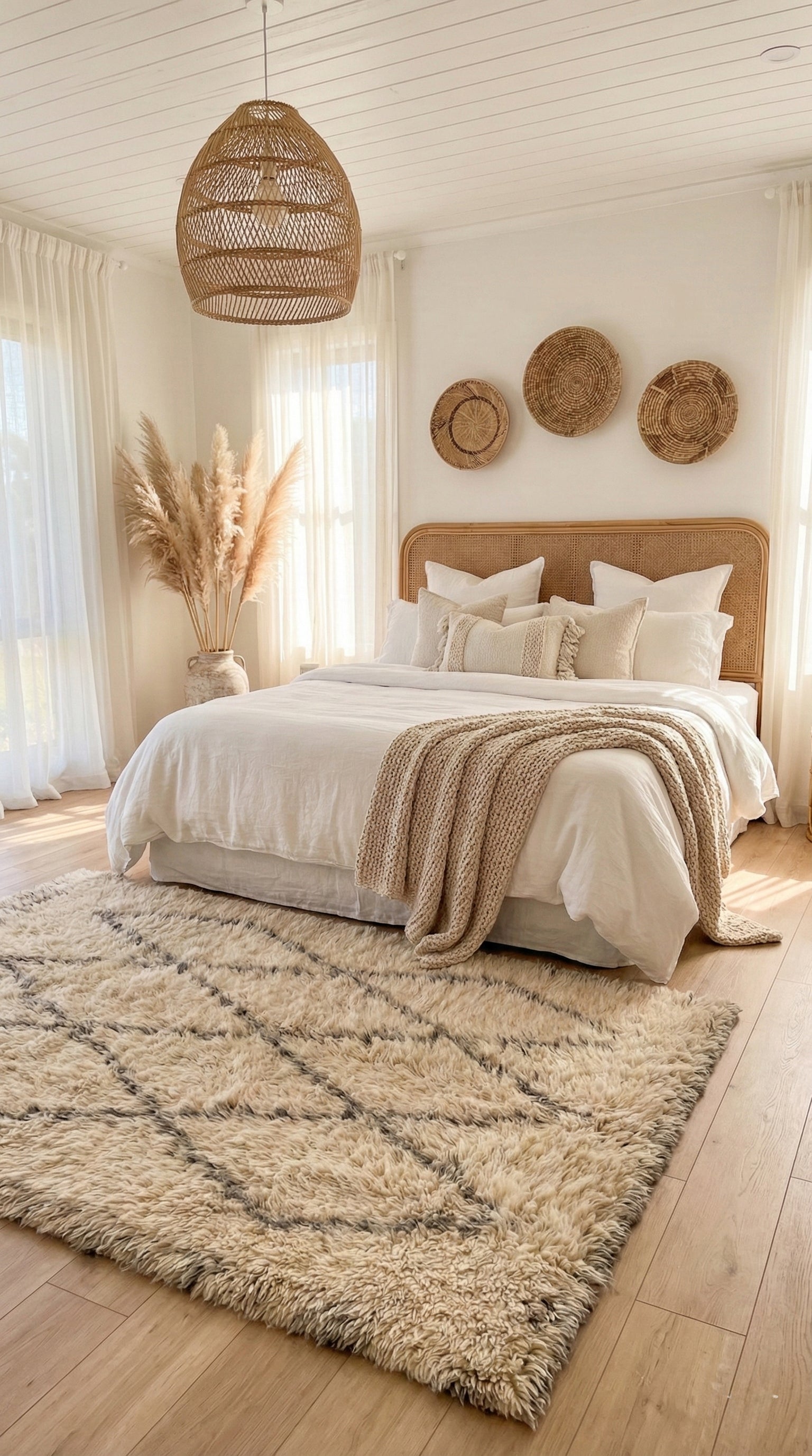 Beige Tifra wool rug in cozy boho bedroom décor