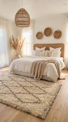Beige Tifra wool rug in cozy boho bedroom décor