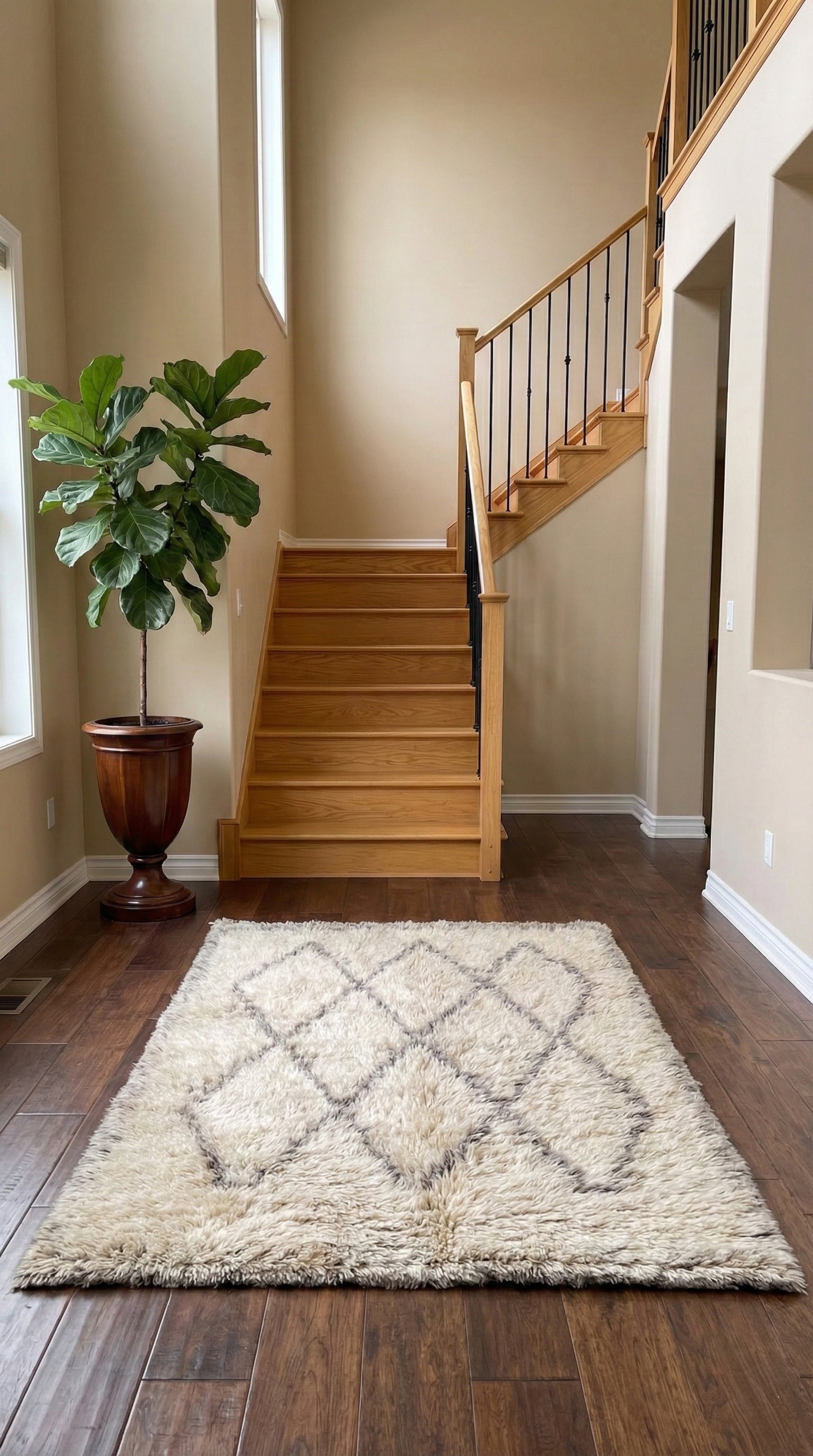 Moroccan Tifra rug in bright entryway near wooden stairs