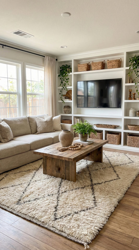 Berber Tifra rug in living room with wooden coffee table