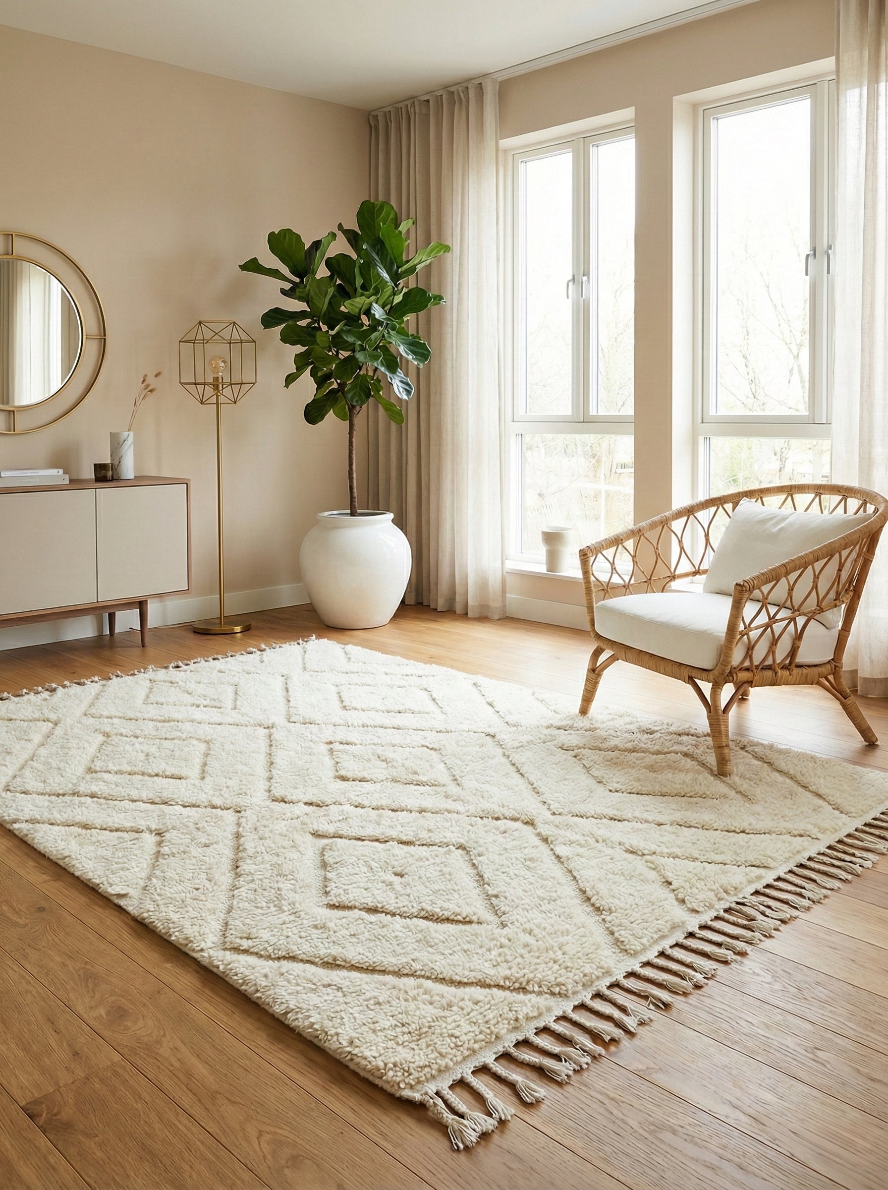 Minimalist interior styled with a cream Tuda rug and geometric design