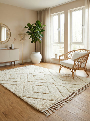 Minimalist interior styled with a cream Tuda rug and geometric design