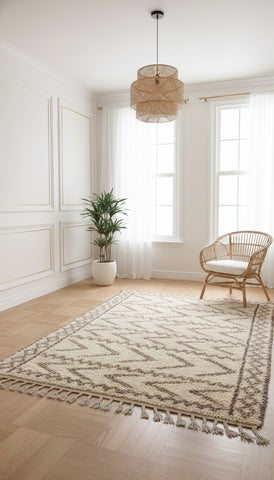 Beige Tawelt rug in a bright room.