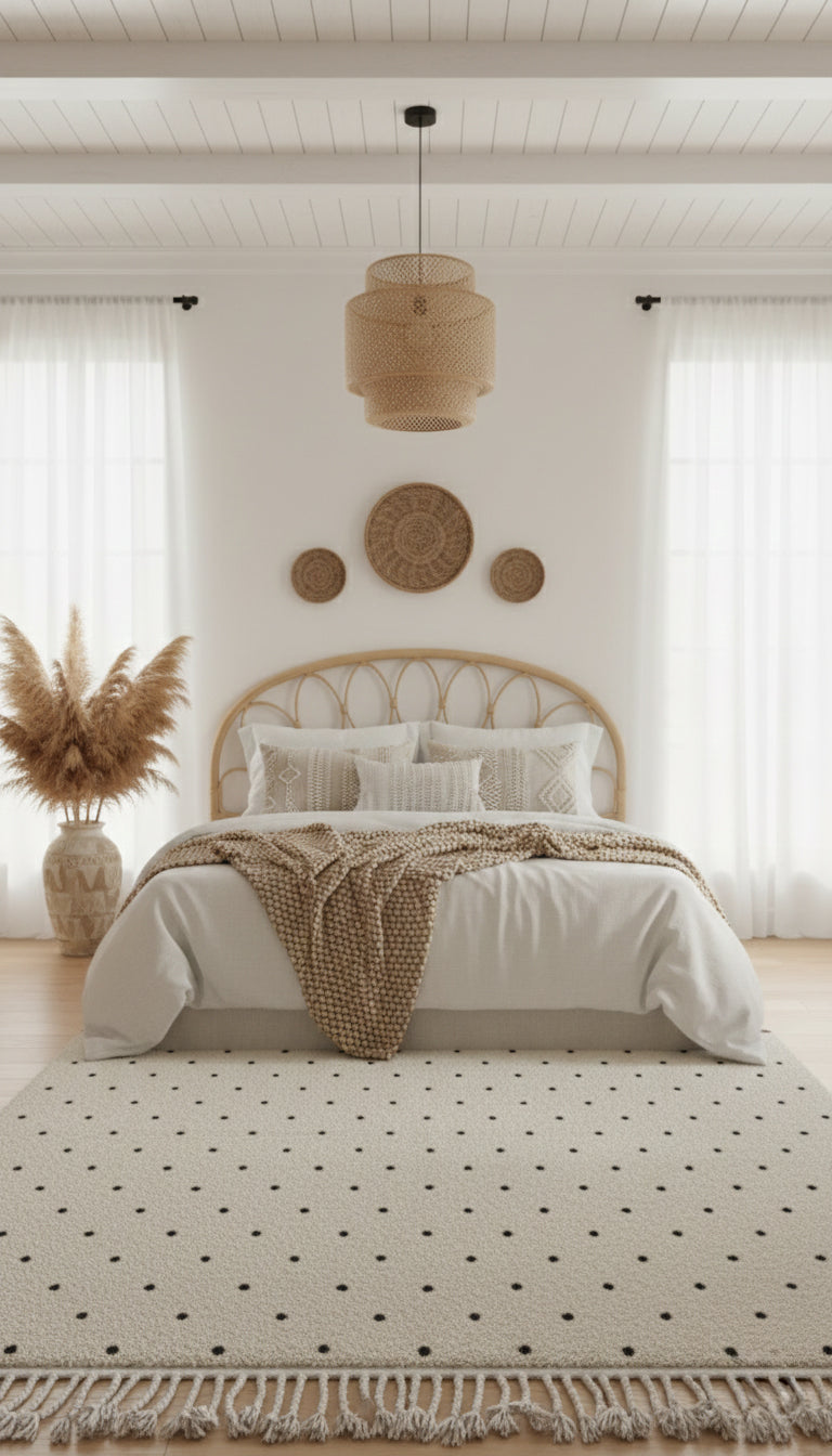 Berber Tisran rug in ivory wool with black dots styled in a bright bedroom