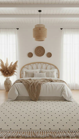 Berber Tisran rug in ivory wool with black dots styled in a bright bedroom