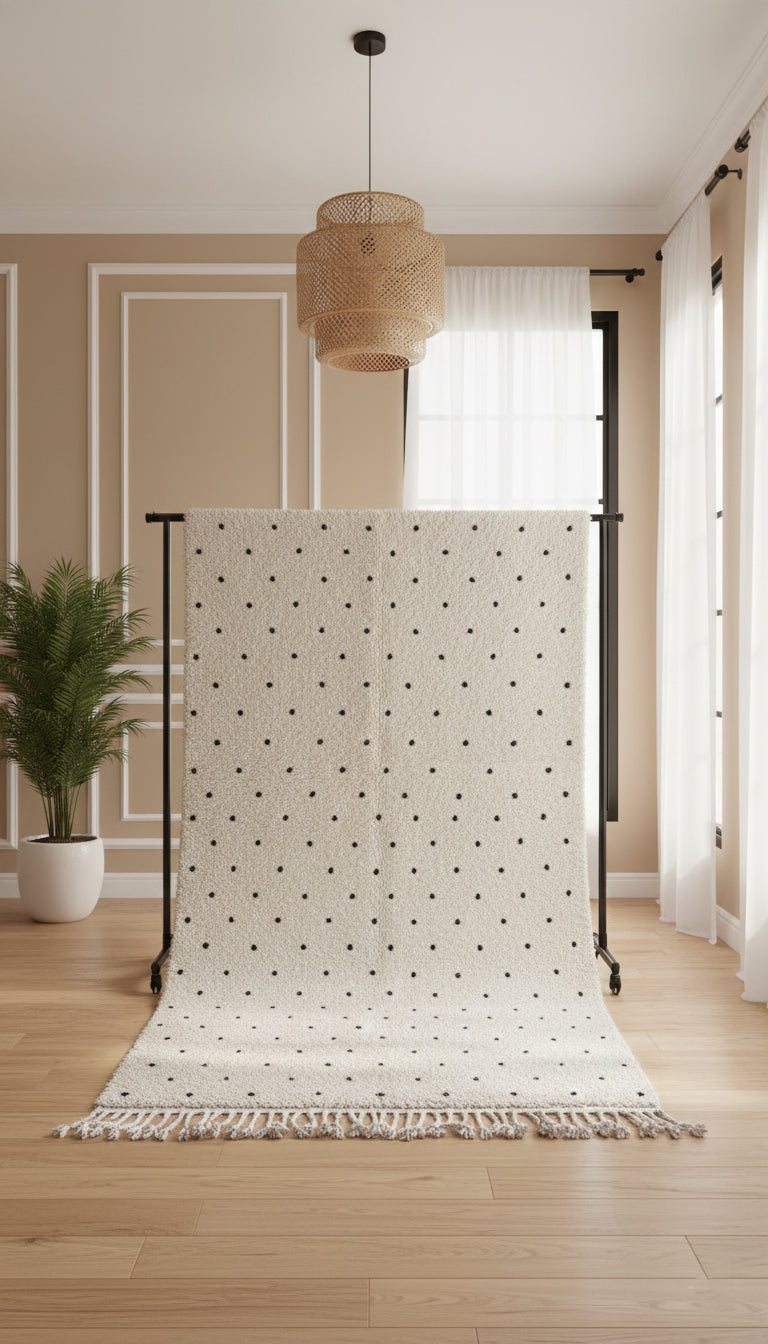 Handwoven Berber Tisran rug with black dot pattern displayed on a rug stand