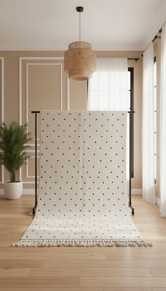 Handwoven Berber Tisran rug with black dot pattern displayed on a rug stand