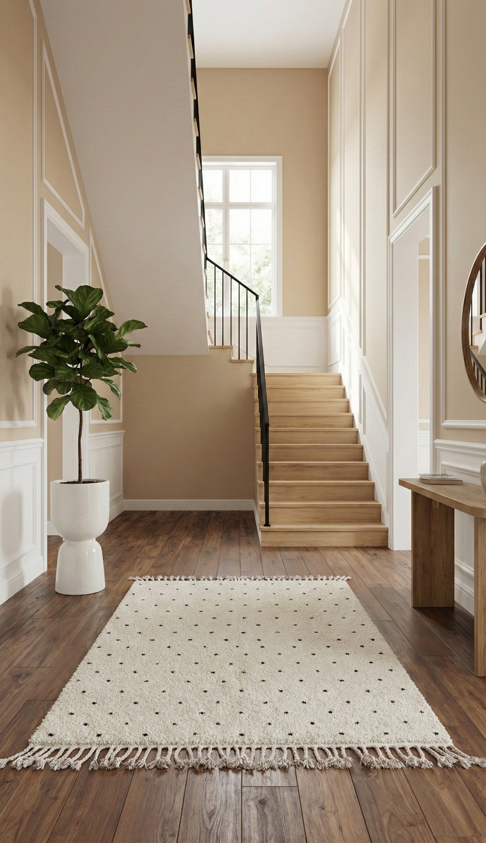 Ivory Moroccan Berber rug with black dots in a modern hallway