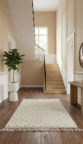 Ivory Moroccan Berber rug with black dots in a modern hallway