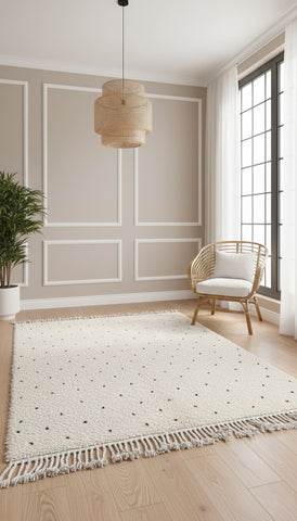 Minimalist Berber Tisran rug in a neutral living room interior