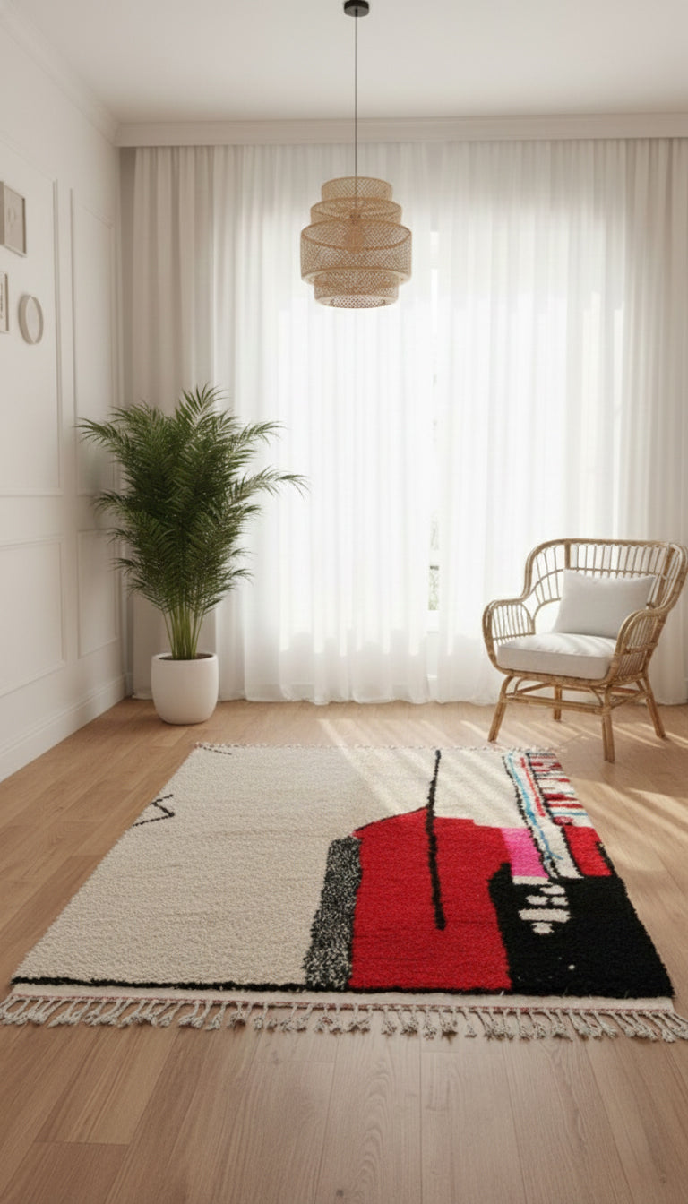 Handmade Tisili Berber rug with red and black abstract design in a bright modern living room.